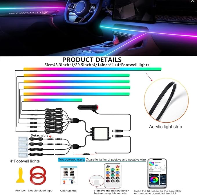 Interior Car LED Strip Lights, Acrylic LED Lights for Car with Dynamic Dreamcolor Chasing, 10 in 1 175 inches 593 LEDs Ambient Lighting Kits Music Sync Wireless APP and Remote Control - Image 8