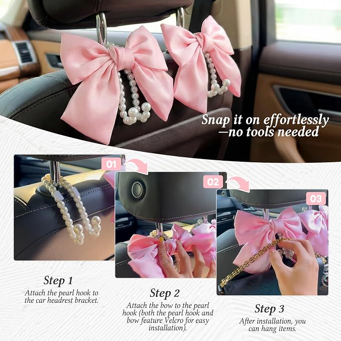 2PCS Satin Bow Pearl Car Seat Headrest Hooks – Car Bag Holder & Vehicle Hanger for Purses – Cute Coquette Aesthetic Interior Decoration – Cute Auto Organizer Accessories Universal (Pink) - Image 6