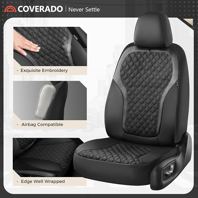 Coverado Seat Covers Full Set, Luxury Leather Car Seat Cover with Carbon Fiber Accents Design, Spill-Proof Durable Black Automotive Seat Covers, Front and Rear Seat Protectors Universal Fit Most Cars - Image 2