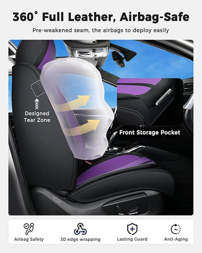 Huidasource Front Car Seat Cover Luxury Nappa Leather, Leather Front Seat Covers with Airbag, Front Storage Pocket, Lumbar Support, Cooling＆Heating Universal Fit for Most Cars SUV Trucks, Black&Purple - Image 2