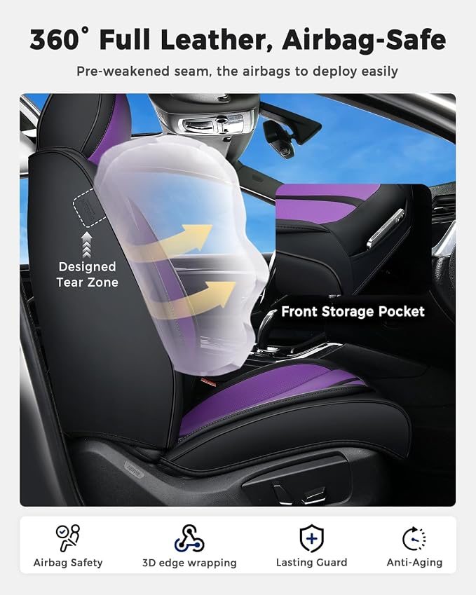Huidasource Leather Seat Covers Luxury Nappa Leather, Seat Covers for Cars with Velcro Adjustable, Airbag Lumbar Support Cooling＆Heating, Seat Covers for SUV Fit for Most Cars SUV Trucks, Black＆Purple - Image 4