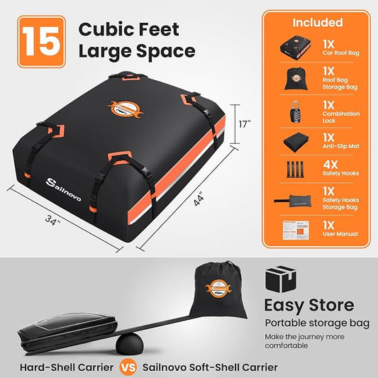 Sailnovo Car Rooftop Cargo Carrier 15 Cubic Feet Waterproof Soft Roof Bag | Heavy Duty 1000D PVC, Fit Vehicle with/without Rack, include Anti-Slip Mat,4 Door Hooks,8 Reinforced Straps,Lock,for Camping - Image 2