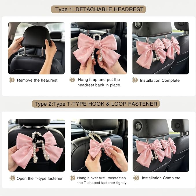 2 Pack Pearl Car Seat Headrest Hook with Bow & Sequin/Leopard/Polka Dot Design – Cute Purse Hanger for Vehicle,Grocery Bags, Umbrellas, Seat Back Organizer for Women (Pink) - Image 6