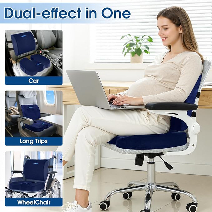 CloudBliss Ergonomic Seat Cushion & Lumbar Support Pillow Set, Blue, Large | Back Pain & Sciatica Relief, Memory Foam Support, Adjustable Straps, Machine Washable Velvet, Perfect for Office, Car, Gaming - Image 7