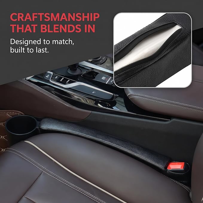 Tumecos Car Seat Gap Filler Pad PU Leather Console Side Pocket Organizer with One Cup Holder for Cellphone Wallet Coin Key 2 Pcs (Black+Beige Surface) - Image 3