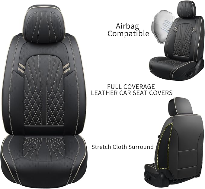 MINGBRON Seat Covers for Cars, Waterproof Seat Covers, Leather Car Seat Covers 2 Pack, Universal Seat Cushion Protector for Most Cars Black&Beige Line - Image 4