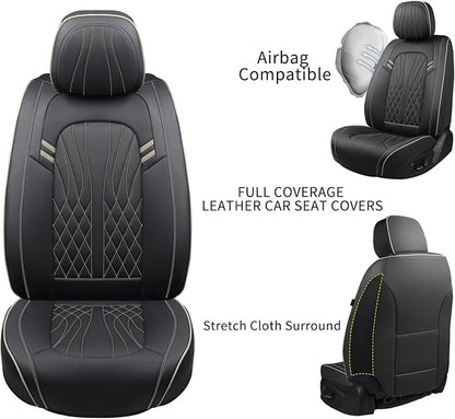 MINGBRON Seat Covers for Cars, Waterproof Seat Covers, Leather Car Seat Covers 2 Pack, Universal Seat Cushion Protector for Most Cars Black&Beige Line - Image 4