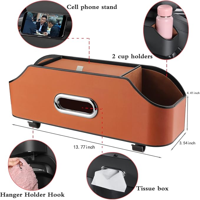 HOLDCY Car Back Seat Organizer with 2 Cup Holders, Tissue Storage, Orange | Rigid ABS Frame With Pu Leather, Dual Hooks And Tool-Free Mounting For Cars, Suvs And Trucks With Separate Headrest Posts - Image 3