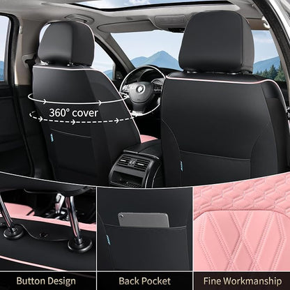 FLORICH Leather Cars Seat Covers Full Set Pink Car Seat Covers Front and Rear Seat Covers for Car Waterproof Vehicle Seat Interior Cover Universal Fit for Most Car Truck SUV, Black&Pink - Image 3