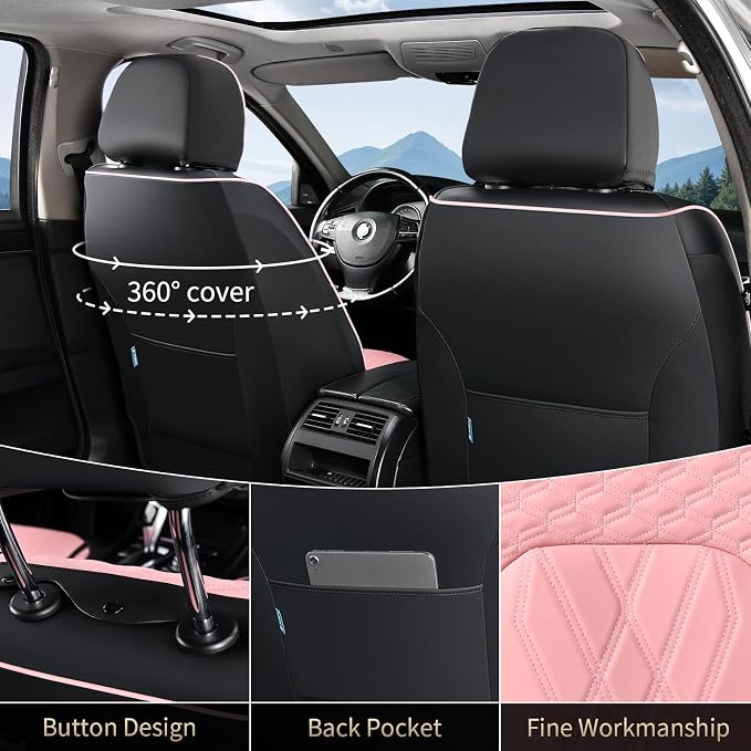 FLORICH Automotive Seat Covers Leather Pink Seat Covers for Cars Front Seats Waterproof Breathable Car Seat Cushion Comfort Interior Covers Universal Fit for Most Car Truck SUV Driving, Black&Pink - Image 2
