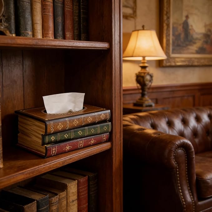 Retro Wooden Antique Book Tissue Box Cover Rectangular Home Library Decor | Crafted Decorative Tissue Holder Dispenser Paper Cover Case Napkin Holder for Bathroom living room office car kitchen - Image 4