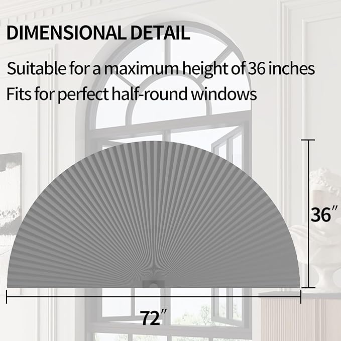 Myshade Arch Window Shades Half Circle Blackout Cellular Shades Cordless No Drill Blinds for Windows Half Moon Honeycomb Fabric No Tools Room Darkening Shades Easy Install (1PCS Grey 72" W X 36" H) - Image 3