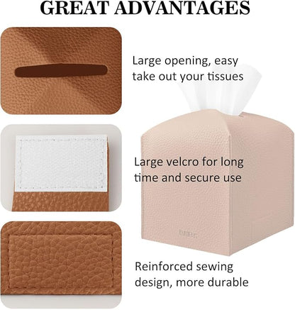 Tissue Box Cover Holder Square Tissue Cube Cover PU Leather Tissue Organizer with Bottom Belt for Bathroom, Tabletop, Car, Night Stands, Office, Home, Kitchen (2, Brown) - Image 4