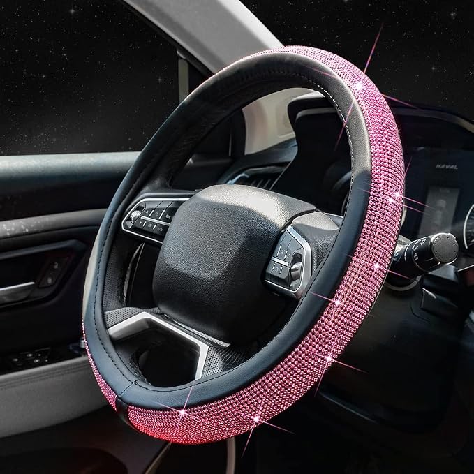ChuLian New Diamond Leather Steering Wheel Cover with Bling Crystal | Universal Fit 15 Inch Car Wheel Protector for Women Girls with Bling Rhinestones Pink Diamond - Image 2