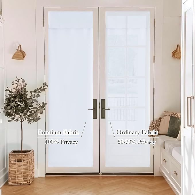 RYB HOME 100% Blackout Door Curtains, French Door Window Cover, Pure White | Self Adhesive, Thermal Insulated, For Office Kitchen Front Entry Front Back Door Glass Window, W30 x L72, 1 Panel - Image 2