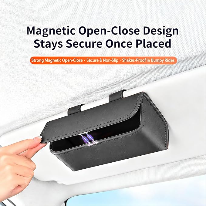 Magnetic Car Sunglasses Holder - Beige Nappa Visor Glasses Case | One-Handed Eyeglass Clip for Large Frames heat-resistant storage for aviators & cards,damage-free,vanity mirror friendly - Image 4