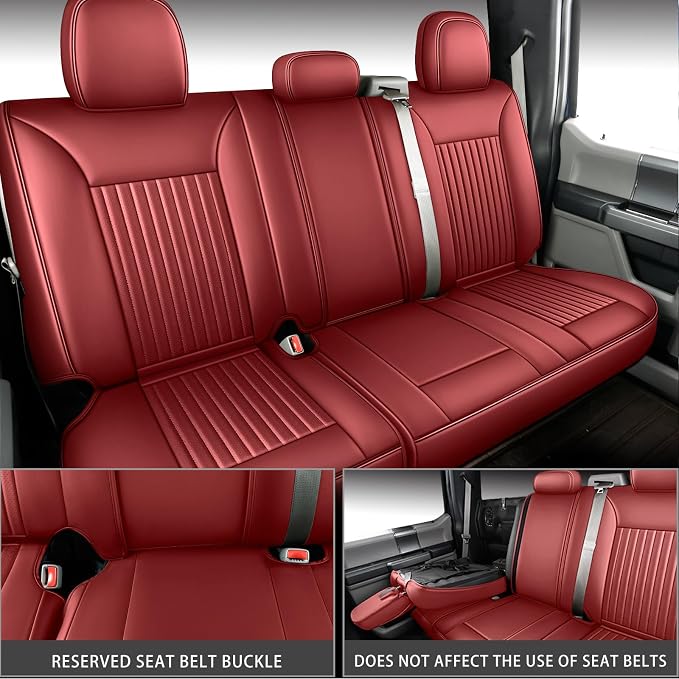 MINGBRON Full Set Car Seat Covers Custom Fit 2009-2026 Ford F150 Crew Cab, 2017-2026 F250 F350 F450 Super Duty Pick-up Truck, Automotive Vehicle Cushion Cover with Waterproof Leather（Red - Image 4