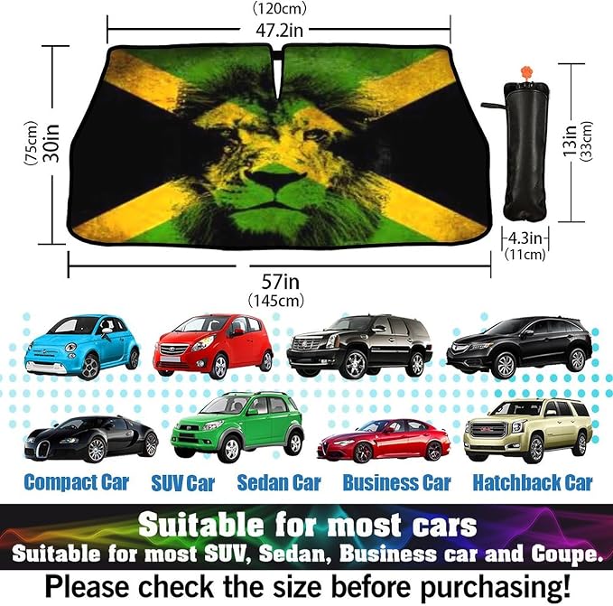 Jamaican Flag Lion Car Windshield Sun Shade Umbrella Automotive Windshield Sunshade Foldable Front Car Accessories Interior Decor to Keep Vehicle Cool for Most Vehicles 57'' X 30'' - Image 2