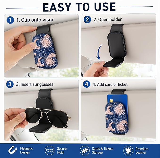 Leather Magnetic Sunglass Holder for Car Sun Visor, Cute Eyeglass Ticket Card Hanger Clip, Universal Auto Interior Accessories for SUV Pickup Truck, Sun Moon - Image 5