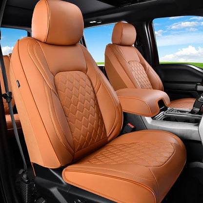 Huidasource Front Truck Seat Covers Fit for Ford F150 2015-2026&F250 F350 F450 2017-2026 All Cab XL XLT Lariat King Ranch Platinum, Waterproof Leather Automotive Car Seat Cover(Front Pair/Brown) by Huidasource