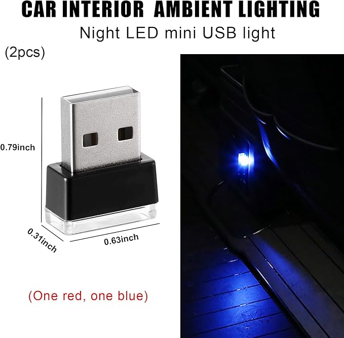 2 PCS USB LED Car Interior Atmosphere Lamp, Portable Mini LED Night Light, Plug-in USB Interface Trunk Ambient Lighting Kit, Universal Interior Car Accessories (Red+Blue) - Image 2