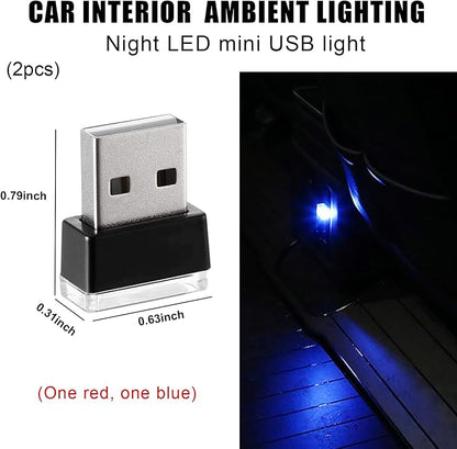 2 PCS USB LED Car Interior Atmosphere Lamp, Portable Mini LED Night Light, Plug-in USB Interface Trunk Ambient Lighting Kit, Universal Interior Car Accessories (Red+Blue) - Image 2
