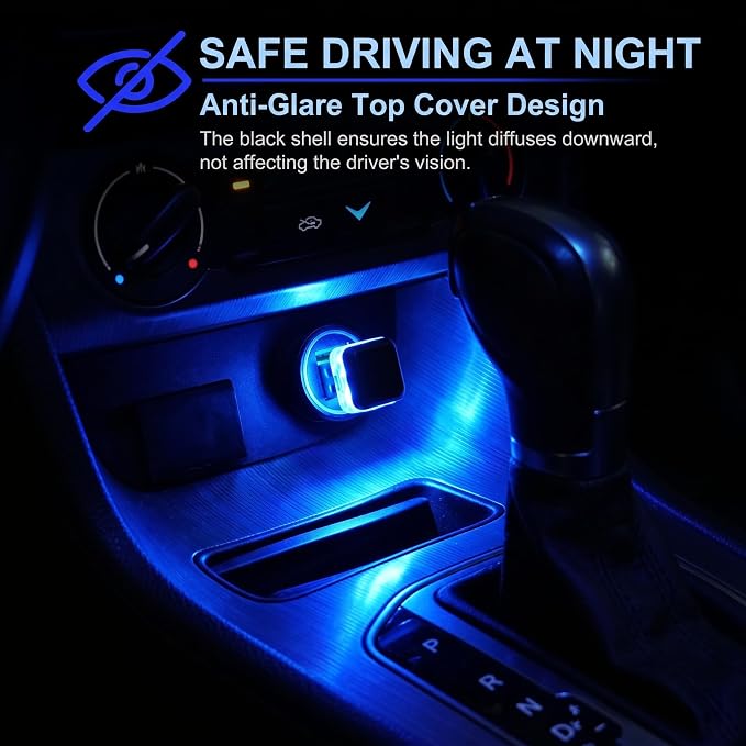 4 PCS Car Interior USB LED Lights, Square Ambient Mood Decorative Lamp, Portable Mini Soft Glow Night Light, Universal Plug and Play Lighting Accessory for Car & Home & Camping (Blue) - Image 3