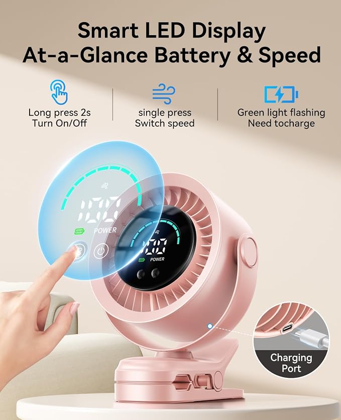 KIMMOO Portable Clip on Fan, 100-Speed Rechargeable USB Fan with LED Display, 360° Rotation & Strong Airflow Desk Fan, Up to 17 Hours Small Battery Fan for Outdoor Travel Camping Treadmill Car (Pink) - Image 6