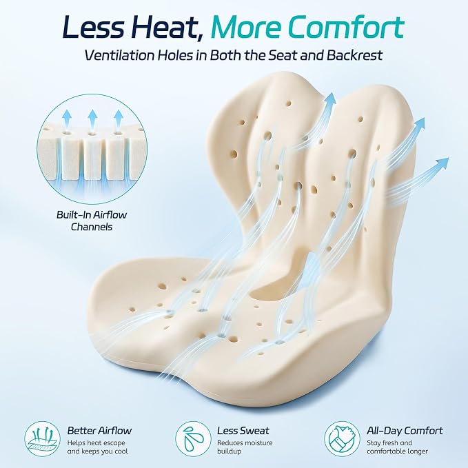 Cool & Dry Seat Cushion & Back Support for Coccyx & Lumbar Relief | Higher Back for Stable Lower-Back Support / Dual-Sided Grip Keeps It in Place / Support Without Sinking / Durable / Washable - Image 2