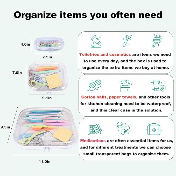 Clear Hard Shell Zipper Case,3PCS Transparent Clear Laser Zipper Pouches,Hard Side Plastic Case Set,Portable Travel Storage Organizer Bins - Image 4