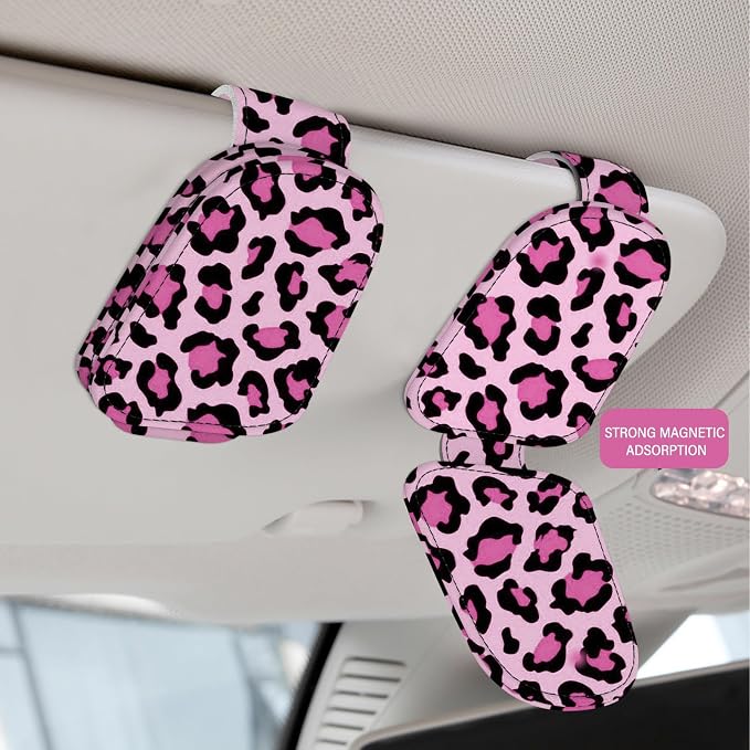 2 Pack Sunglass Holder for Car Visor, Universal Magnetic Car Sunglass Holder for Different Size Eyeglasses, Car Visor Accessories (Leopard-Pink) - Image 3