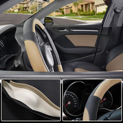 SEG Direct Car Steering Wheel Cover for Prius Civic Model 3 / Y 14"-14.25" | Small Size 35.5-36 cm for Camaro, Microfiber Leather, Anti-Slip Comfortable Grip, Auto Interior Accessories, Black and Beige - Image 3