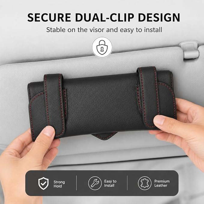 Leather Sunglasses Holder for Car Visor, Magnetic Case, Black | Fully enclosed cowhide case protects lenses; magnetic one-hand closure clips securely to most car, SUV, and truck visors. - Image 4