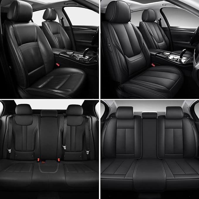 MINGBRON Black Car Seat Cover with Lumbar Support, Car Seat Protector Waterproof, Nappa Leather Car Seat Cushion, Car Seat Covers Front Seats and Back Fit for Most Cars - Image 2
