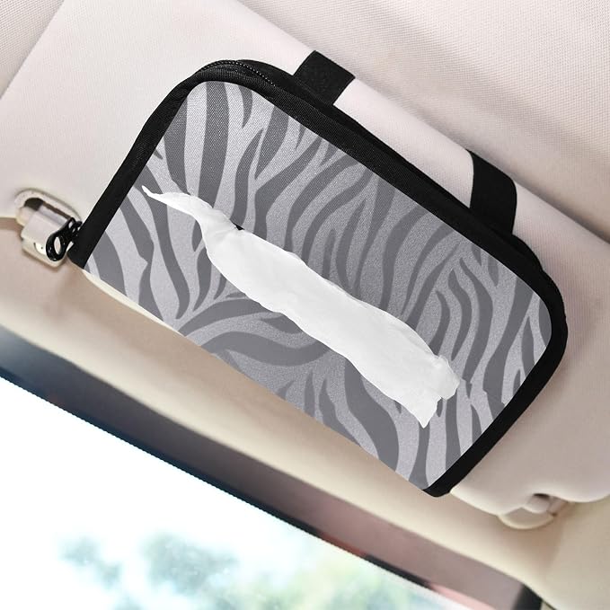 Car Tissue Holder Car Napkin Holder Car Tissue Box Dispenser Storage Case Sun Visor Mask Holder with Adjustable Straps Reusable Refillable Light Silvery Zebra Print - Image 7