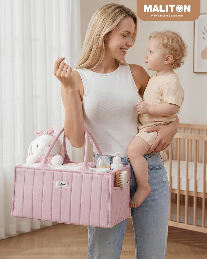 Maliton Baby Diaper Caddy Organizer for Changing Table, Pink | Portable Car Diaper Organizer Caddy with 2 Side Pockets - Versatile Storage Basket for Wipes and Baby Essentials - Image 6