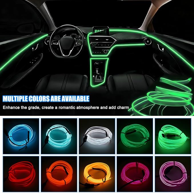 EL Wire Car LED Strip Lights, 16.5FT 5V USB Vehicle Ambient Lighting Kit with Fuse Protection, Automotive Interior Neon Decoration Lamp with 5mm Sewing Edge, Universal Fit (Fluorescent Green) - Image 3