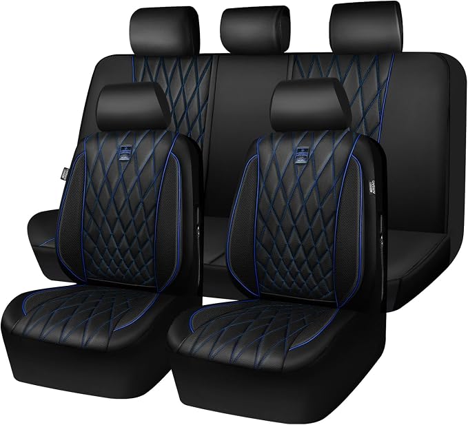 CAR PASS Piping Luxury Leather Seat Covers Full Set,5 Seats Anti-Slip Waterproof Seat Covers Compatible with Front Armrests,Universal Fit for Sendan SUV Van Truck,Airbag Compatible,Black and Blue - Image 8
