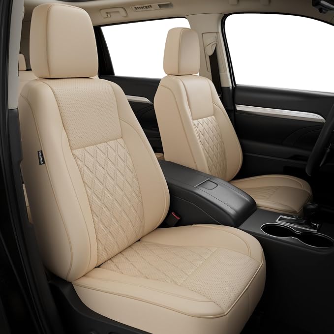 Custom Seat Covers for Toyota Highlander 2014-2019 8 Seats Beige | faux leather, 2nd row 40/60 split bench, waterproof, breathable, airbag compatible, stain resistant, easy install by FEINEPRO