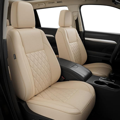 Custom Seat Covers for Toyota Highlander 2014-2019 8 Seats Beige | faux leather, 2nd row 40/60 split bench, waterproof, breathable, airbag compatible, stain resistant, easy install by FEINEPRO