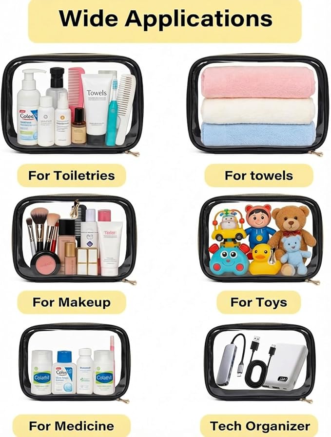 Clear Makeup Bags with Zipper, 3 Pack Clear Cosmetic Bag Set Makeup Organizer TSA Approved Travel Toiletry Bag for Carry-on & Checked Luggage Water Resistant Car Storage Organizer Women - Image 4