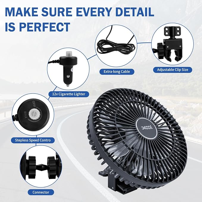 XOOL Clip Car Fan, 9 Inches 12V/24V Fan, 360° Rotatable Electric Cooling Clip on Fan with Stepless Speed Regulation for SUV, RV, Truck - Image 6
