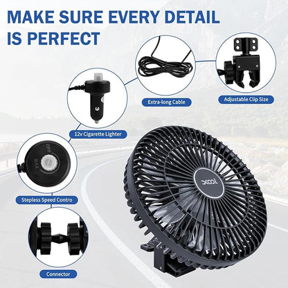 XOOL Clip Car Fan, 9 Inches 12V/24V Fan, 360° Rotatable Electric Cooling Clip on Fan with Stepless Speed Regulation for SUV, RV, Truck - Image 6