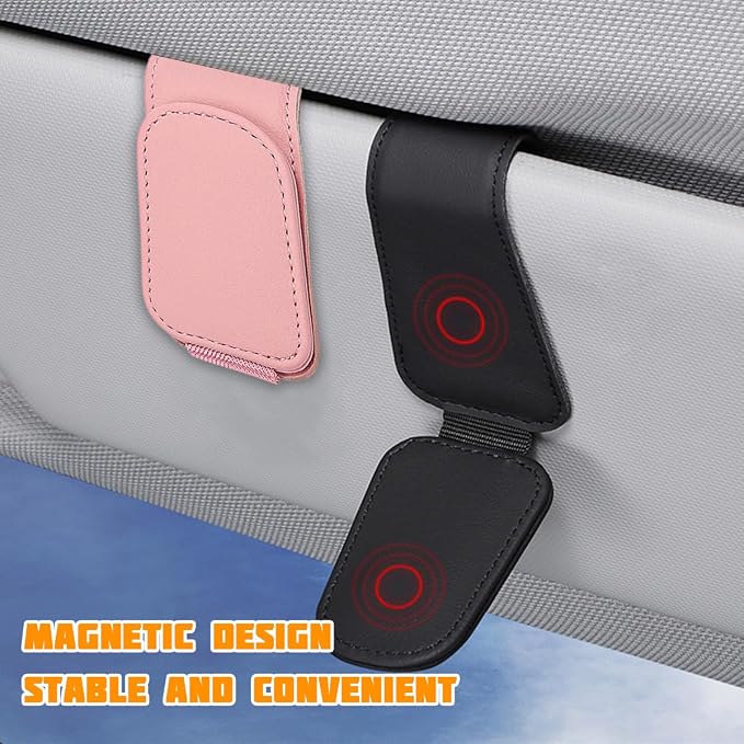 Sunglasses Holder for Car Visor, Microfiber Leather Magnetic Sun Visor Eyeglasses Hanger & Ticket Card Clip, Multi-Function Automotive Interior Glasses Mount, Universal Fit (Pink) - Image 3