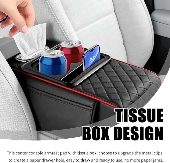 5-in-1 Car Center Console Cover,Leather Car Armrest Cover with Cars Tissue Holders/Cup Holder/Phone Holder/Storage Pocket,Thickened Cars Armrest Storage Box (Black/Red Stitching) - Image 4