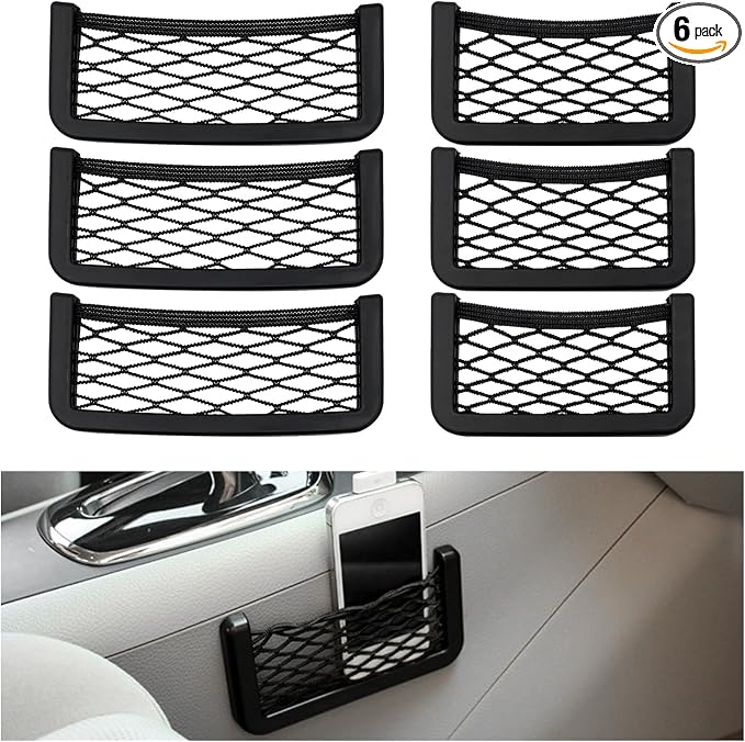 Dickno 6 PCS Car Pocket Phone Net, Universal Seat Side Storage Net Bag with Double Sided Tape, Automotive Frame Storage Net Pocket, Vehicle Interior Organizer for Phone Purse Bag by Dickno