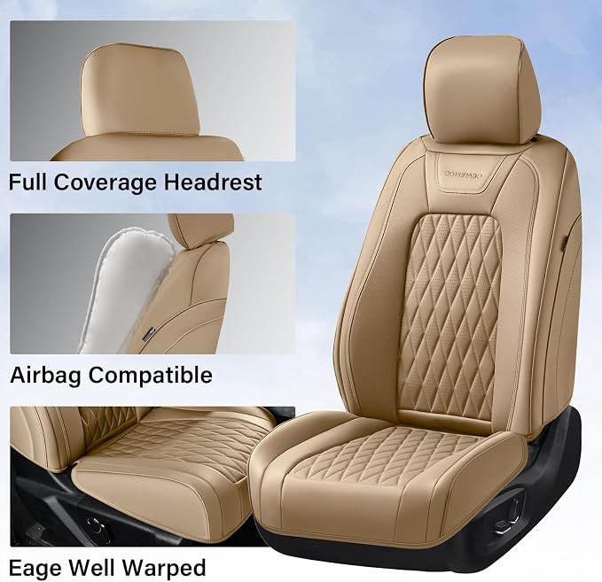Coverado Premium Leather Truck Seat Covers Full Set – Custom Fit, Waterproof, Heavy Duty, Anti-Spill, Scratch Resistant Protector for Ford F150 2015-2026, F250-F450, Beige - Image 4