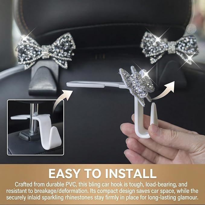 2 PCS Bling Car Seat Headrest Hooks, S-Type Crystal Rhinestone Bow, Universal Seat Back Storage for Purses Bags Groceries, Black Decorative Vehicle Organizer - Image 4