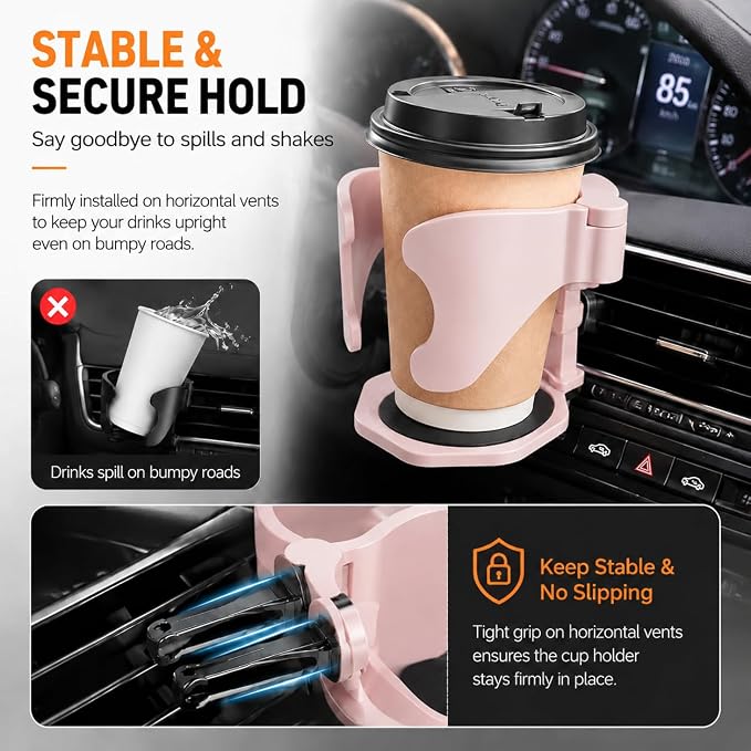 Car Air Vent Cup Holder, Clip On Dash Vent Hanging Drink Holder Expander, Auto Interior Air Conditioning Portable Storage Holder for Horizontal Blade, Universal for Most Cars (Pink) - Image 3
