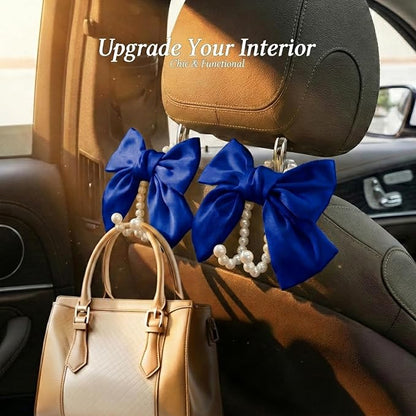 2PCS Satin Bow Pearl Car Seat Headrest Hooks – Car Bag Holder & Vehicle Hanger for Purses – Cute Coquette Aesthetic Interior Decoration – Cute Auto Organizer Accessories Universal (Deep Blue) - Image 3